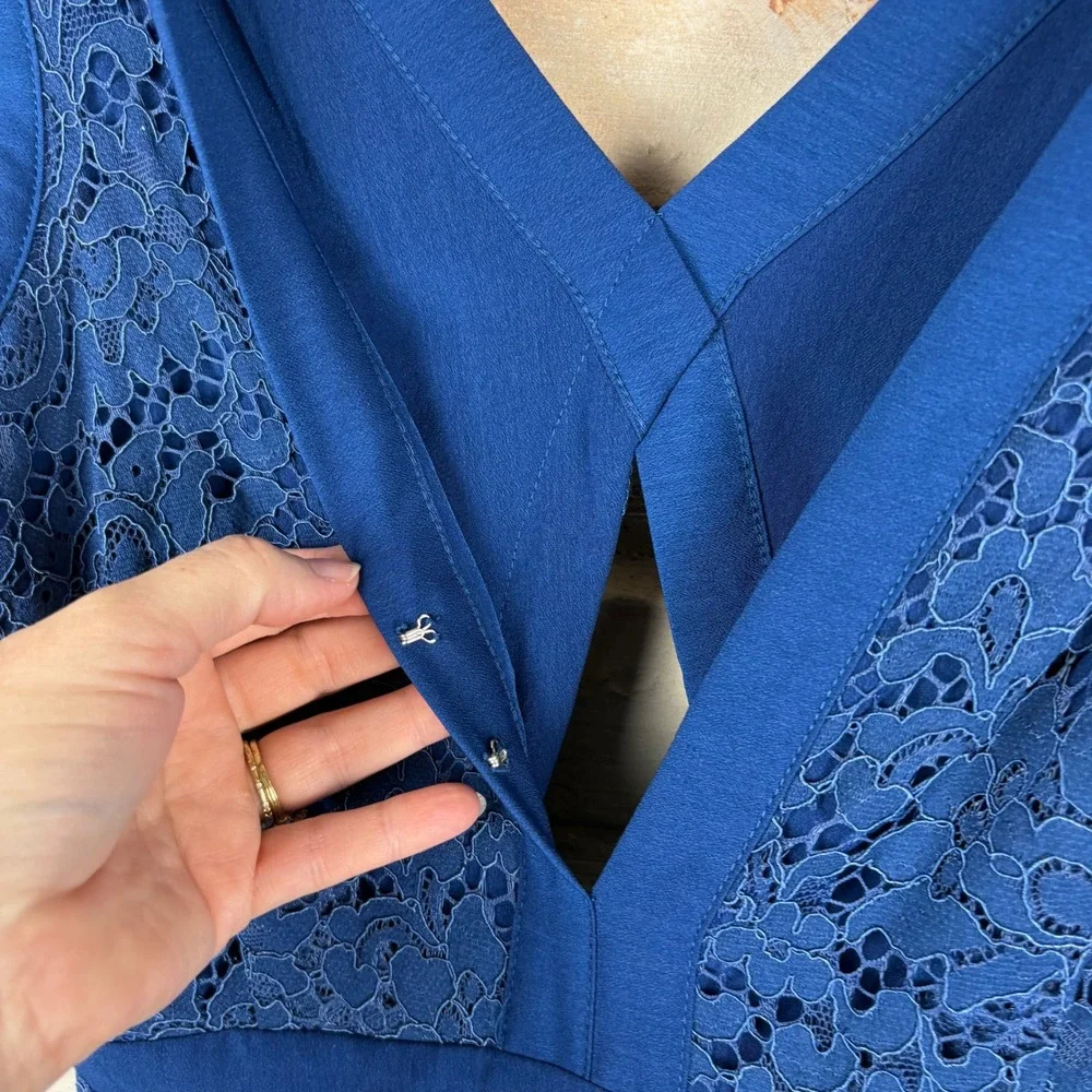 Free People Lovely in Lace Cobalt Mini Dress XS V-Neck Crossover Keyhole Pockets
